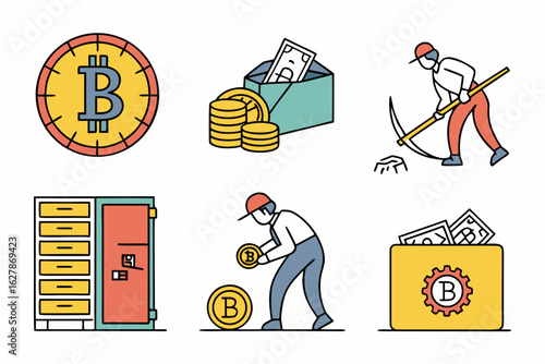 Collection of bitcoin mining and cryptocurrency finance icons