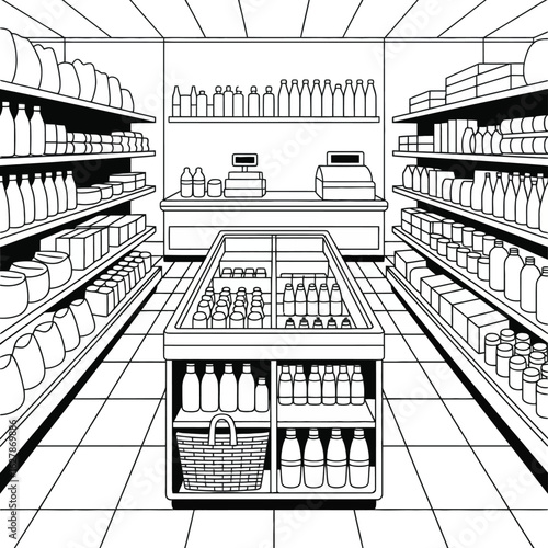 Black and white sketch of a grocery store aisle with shelves and a cooler