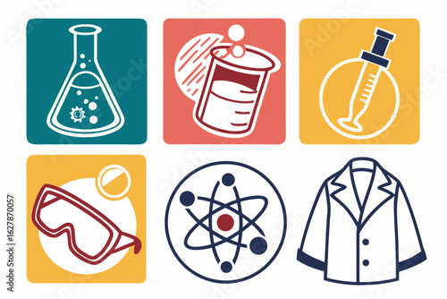 Collection of science and laboratory icons including flask, beaker, goggles, atom, and coat