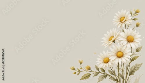 A floral frame of white daisy flowers and green leaves on a white background