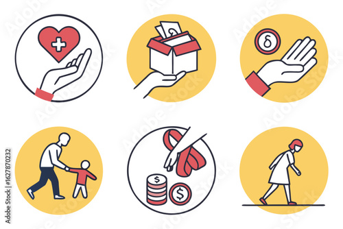 Set of icons representing charity, donation, help, and healthcare concepts