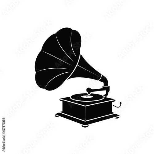 Vintage gramophone silhouette with large horn and record player
