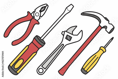 Collection of common hand tools isolated on white background