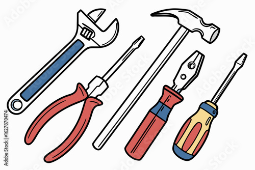 Collection of common hand tools isolated on white background