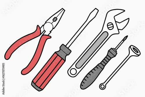 Collection of various hand tools isolated on white background