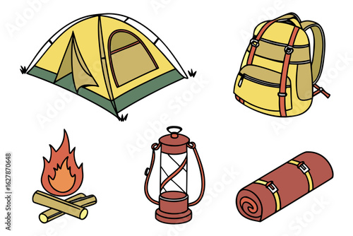 Camping equipment set with tent, backpack, lantern, campfire and sleeping bag