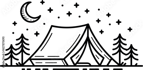 A simple line art illustration of a camping tent under the stars and moon with trees on either side