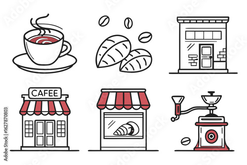 Collection of coffee shop and coffee related icons isolated on white background