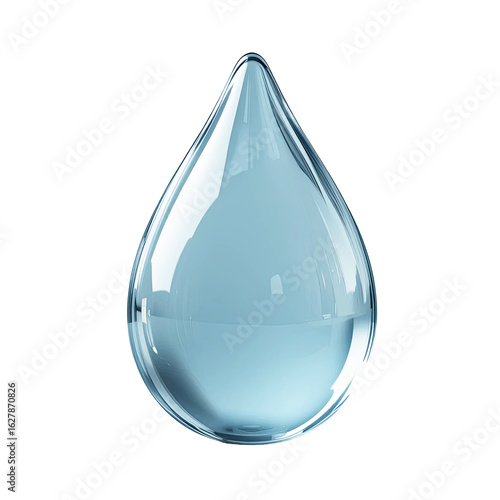 A clean, isolated blue water droplet with a transparent shine and abstract 3D shape
