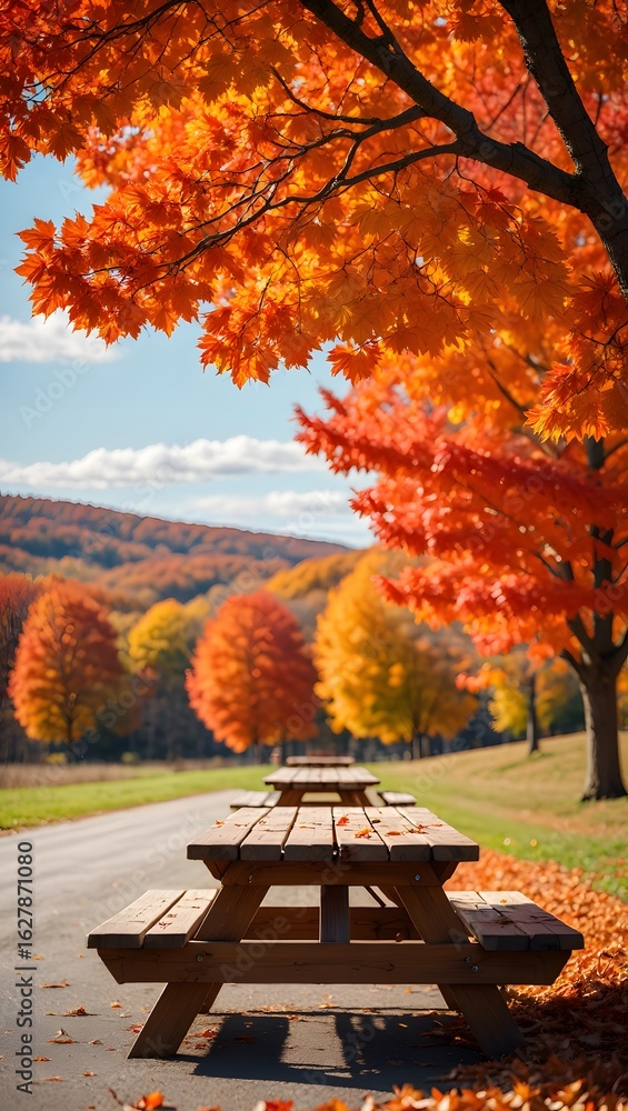 Naklejka premium Picnic table awaits amidst a vibrant autumn landscape