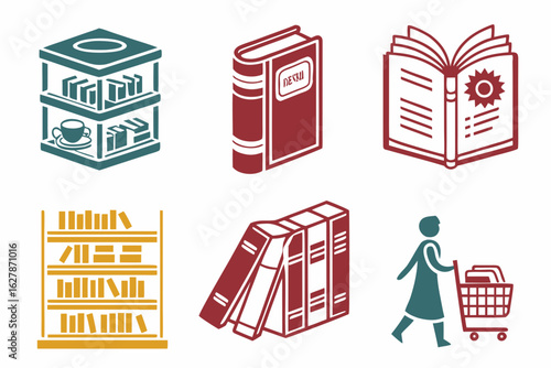 Collection of book icons representing library and reading