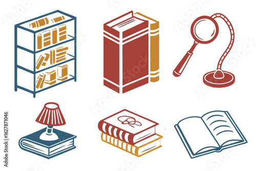 Collection of stylized icons representing books and reading, isolated on white background