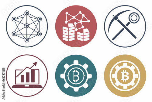 Collection of cryptocurrency and blockchain technology icons isolated on white background