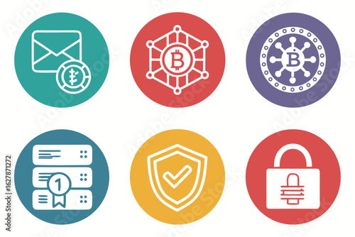 Set of cryptocurrency and technology icons including bitcoin, email, server, and security