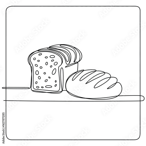 Simple line drawing of sliced bread and a loaf