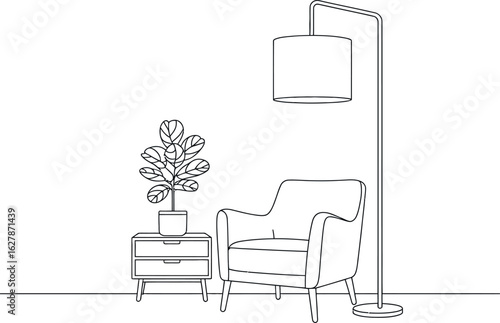 Illustration of a plant on a nightstand next to an armchair and a floor lamp on a white background