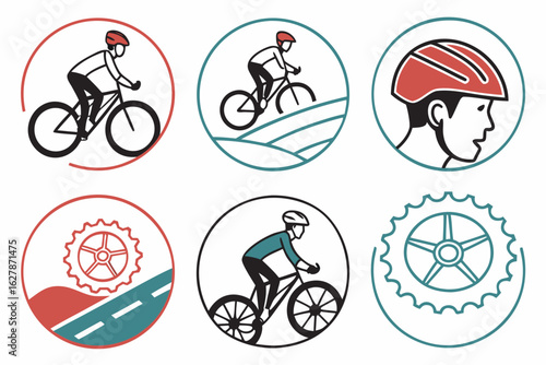 Set of six circular icons depicting various aspects of cycling and bicycles