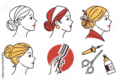 Collection of womens hairstyles and beauty salon tools isolated on white background