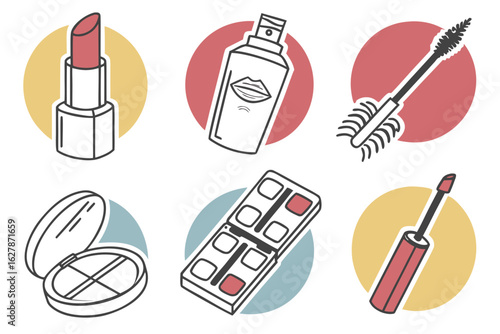 Collection of cosmetic and makeup items, isolated on white background