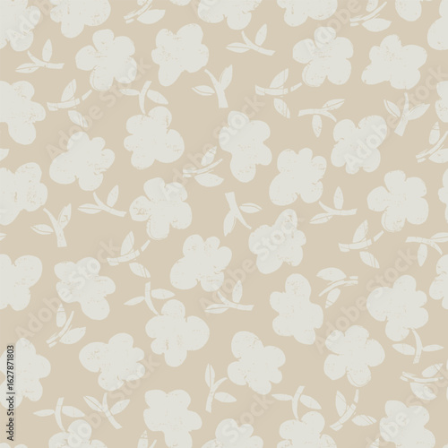 Seamless pattern with hand drawn meadow bold flowers. Floral Block Prints inspired by printmaking that uses wooden blocks to transfer repeating designs onto textiles.