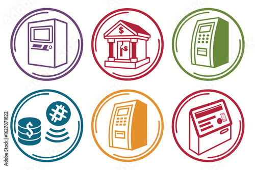 Collection of atm and banking icons, representing financial services