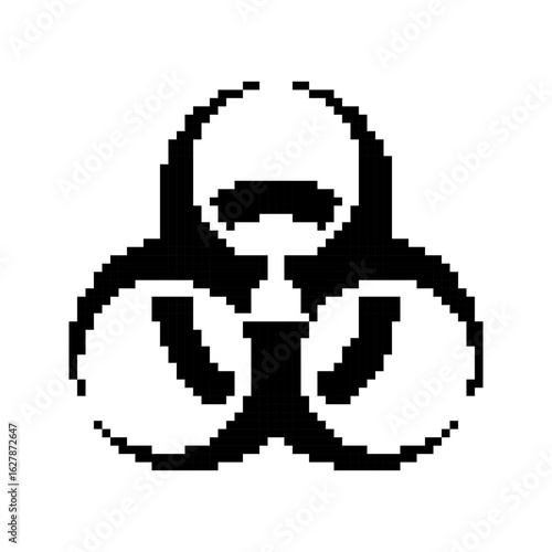 Biohazard Symbol templates in pixel art style. Black solid warning sign. Danger, biological, labels. Isolated on white background.