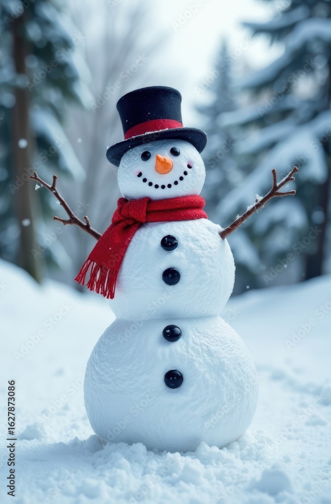 Fototapeta premium Snowman wearing red scarf and black top hat in snowy forest