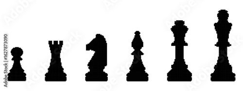 Set of Chess Piece templates in pixel art style. Black and white solid game symbols. King, queen, pawn, knight, rook, bishop, labels. Isolated on white background.