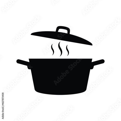 Black silhouette of a steaming pot with its lid slightly ajar