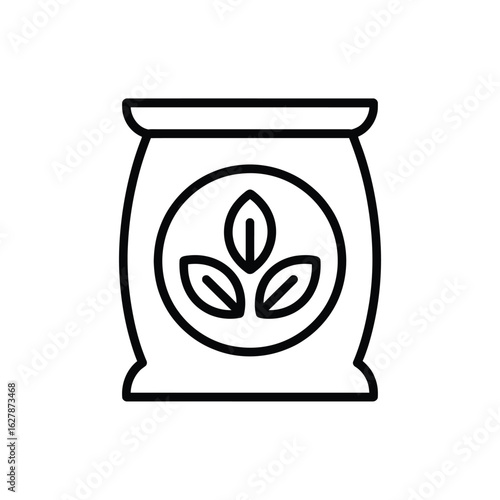 Simple outline icon of a bag of fertilizer with a plant symbol
