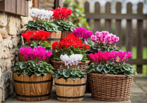 Colorful cyclamen flowers in pots create a vibrant outdoor display