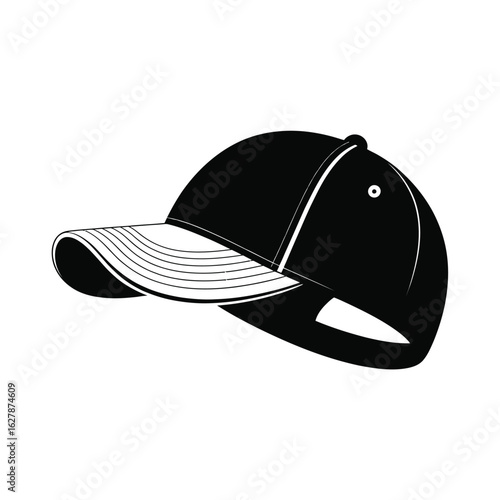 Black baseball cap with white stitching isolated on white background