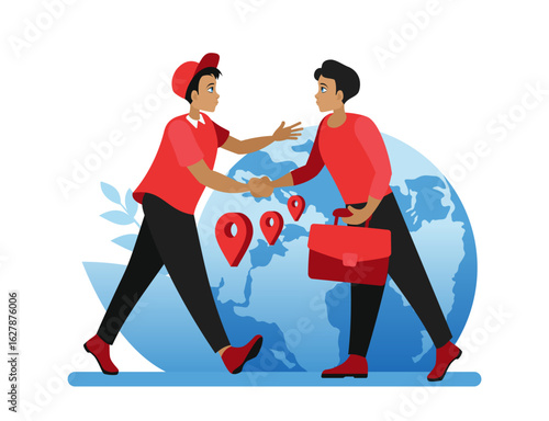 Two guys are shaking hands. Cooperation and support of a business partner at the global level. Agreement of the parties. A successful partnership. Flat cartoon-style illustration
