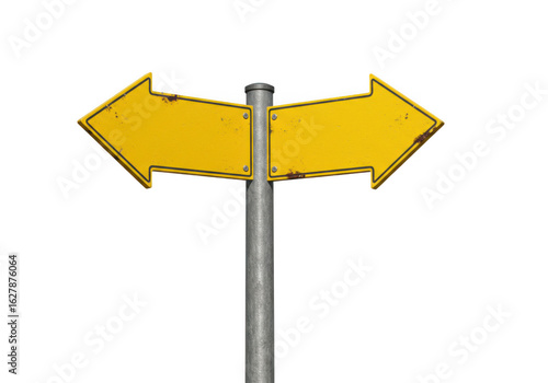 Yellow weathered sign with two opposite arrows indicating different directions isolated on transparent background