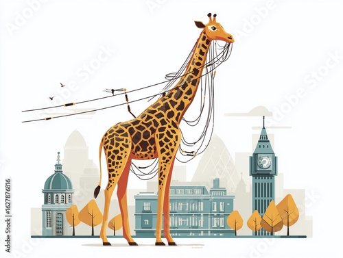 Enthralling Flat Design Illustration A Giraffe Tourist Explores the African Savanna Detailed Visual of a Curious Animal