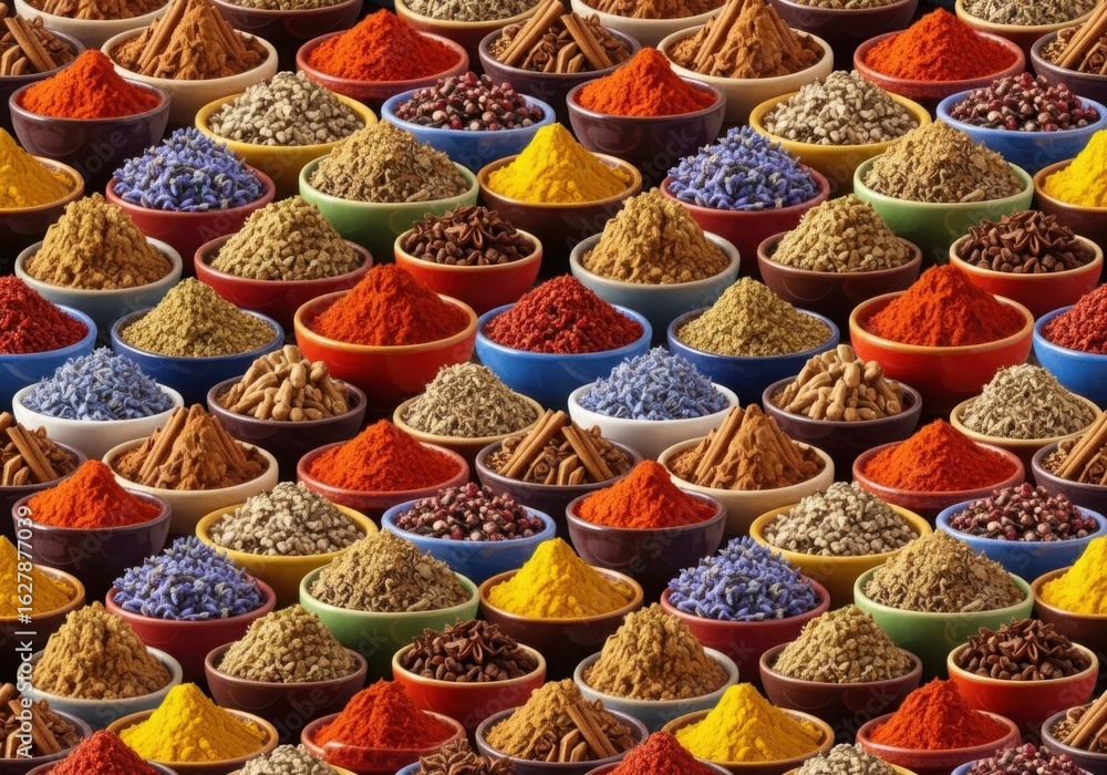 Fototapeta premium A vibrant array of colorful spices fills small bowls in a textured pattern
