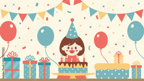 Illustration of a birthday celebration with a girl, cake, balloons and presents displayed nicely