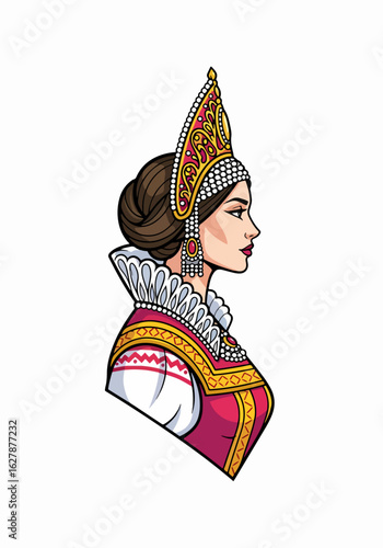 Beautiful woman in kokoshnik, traditional Russian headdress. Classic Russian headdress adorned with jewels for festive look and cultural relevance.