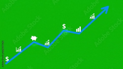 financial growth chart, blue upward arrow line with dollar icons piggy bank and bar graph symbols on green screen background for business finance or stock market animation overlays

