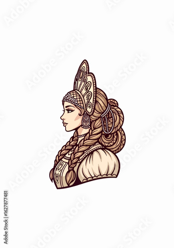 Russian girl with a traditional headdress, the kokoshnik, in a vibrant, detailed style. Beautiful Russian girl in profile, adorned with an intricately designed kokoshnik and traditional attire.