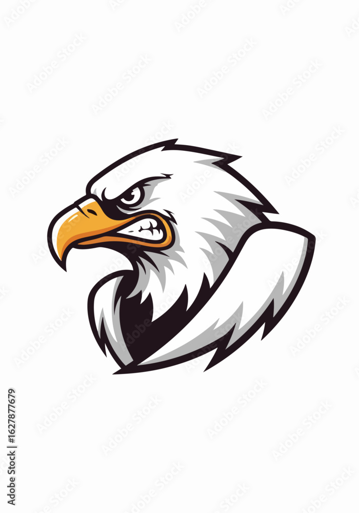 Fototapeta premium Sharp eagle mascot emblem with detailed facial features on a clean white backdrop, showcasing its fierce expression. Eagle mascot is suitable for sports teams and brand identities.