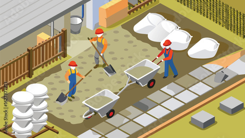 Isometric view of construction workers laying pavers with wheelbarrows and bags of cement outside