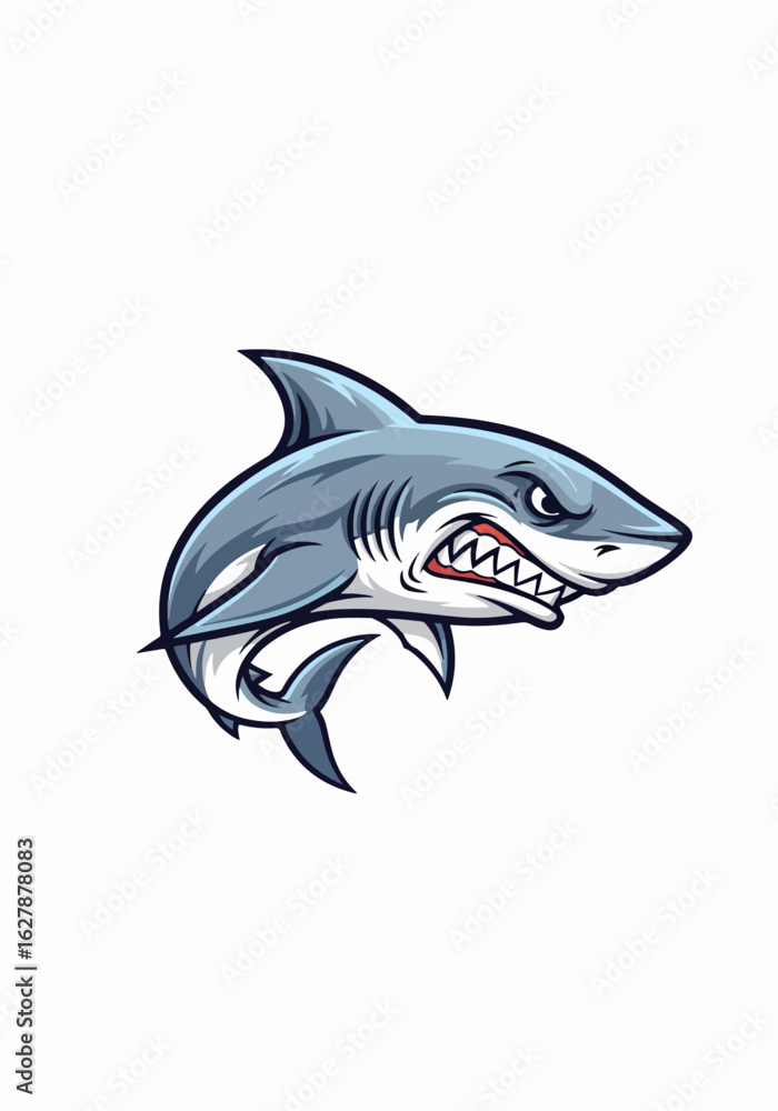 Fototapeta premium Cartoon shark showing teeth on plain backdrop for logo creation. Cartoon shark in aggressive posture, open mouth reveals sharp teeth and menacing expression.