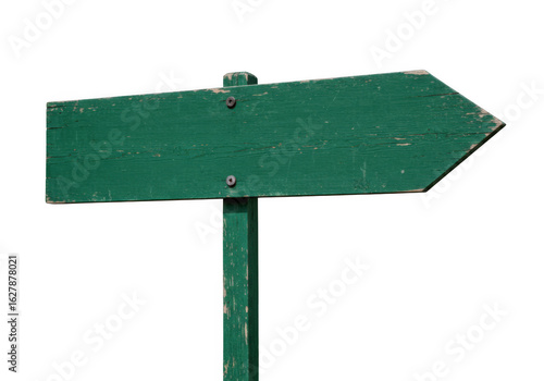 Green wooden directional signpost pointing to the right isolated on transparent background