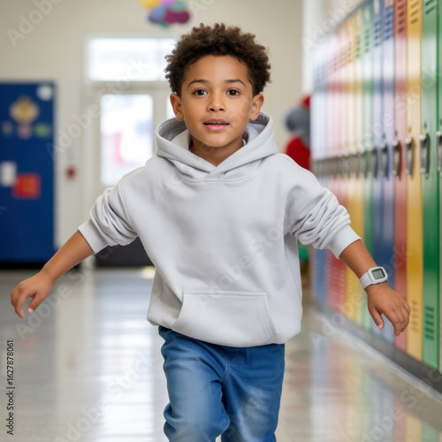 Kids casual hoodie mockup. Elementary school boy wearing casual sweatshirt with hood, jeans, running in school hall. Young boy model in blank white hooded pullover mockup