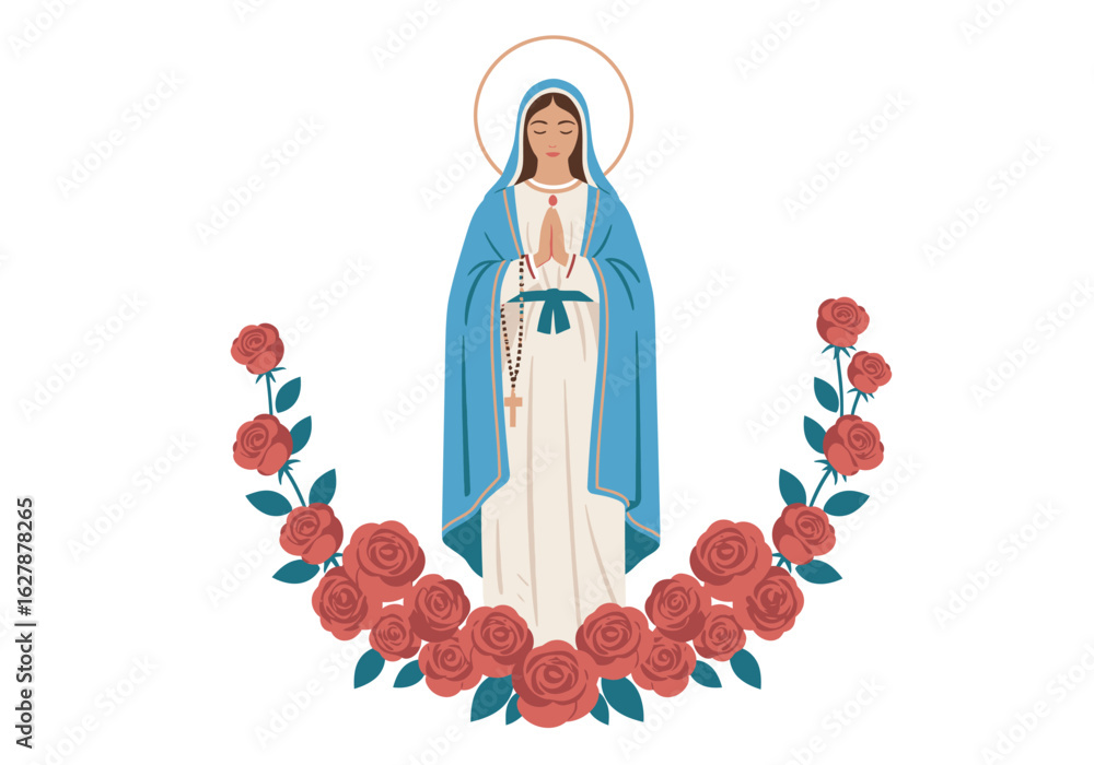 Virgin Mary in Blue Mantle with Rosary and Roses.