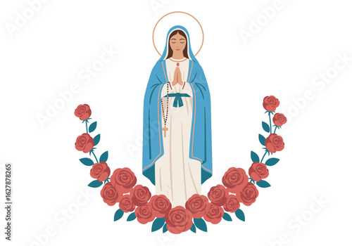 Virgin Mary in Blue Mantle with Rosary and Roses.