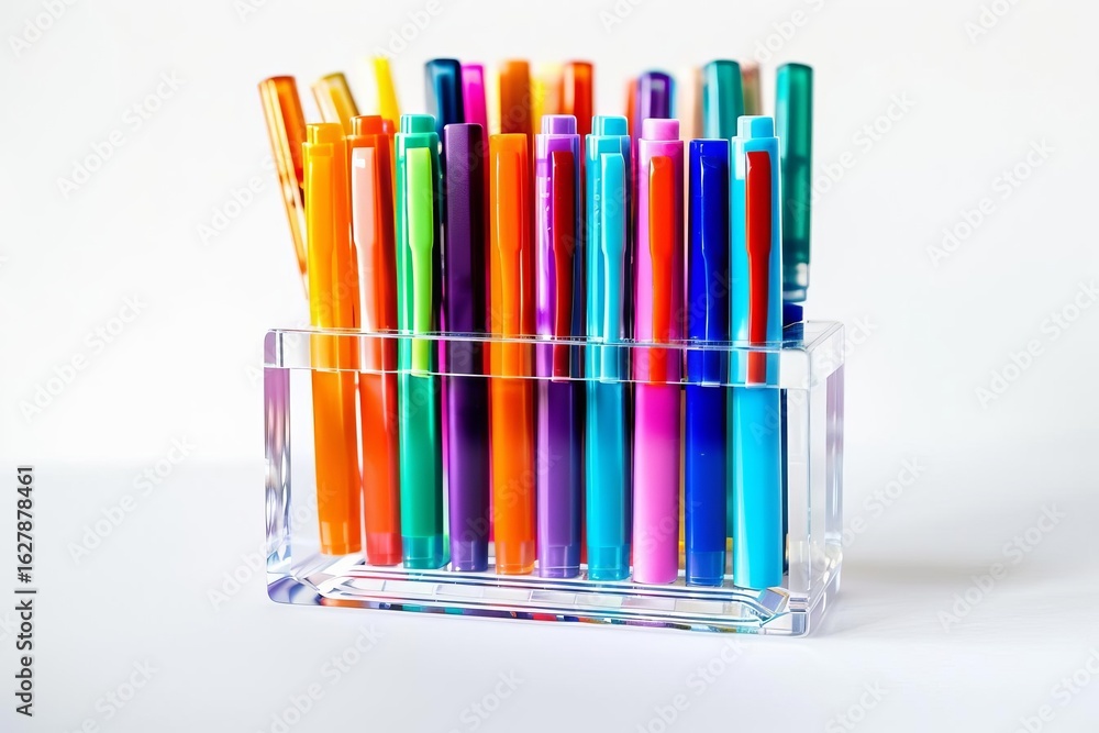 Fototapeta premium A clear plastic container holds a collection of colorful pens, arranged closely together on a white surface.