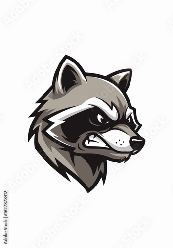 Raccoon mascot with determined facial expression against clean white background. Strong mascot head is perfect for logo designs, sports teams, or branding with raccoon theme.