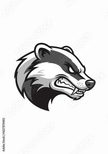 Mascot illustration with an angry badger head in black and white, ideal for logos. Mascot illustration concept showcases badger's fierce expression and distinctive markings,